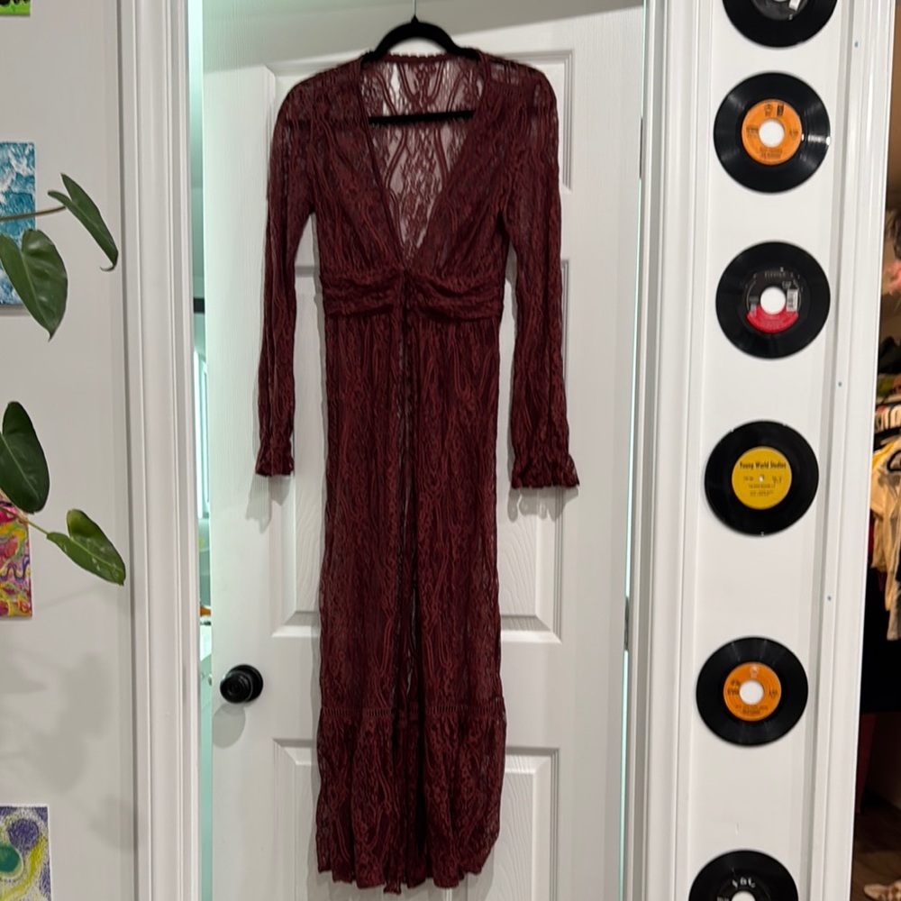 Red Tie Front Long Sleeve Gown